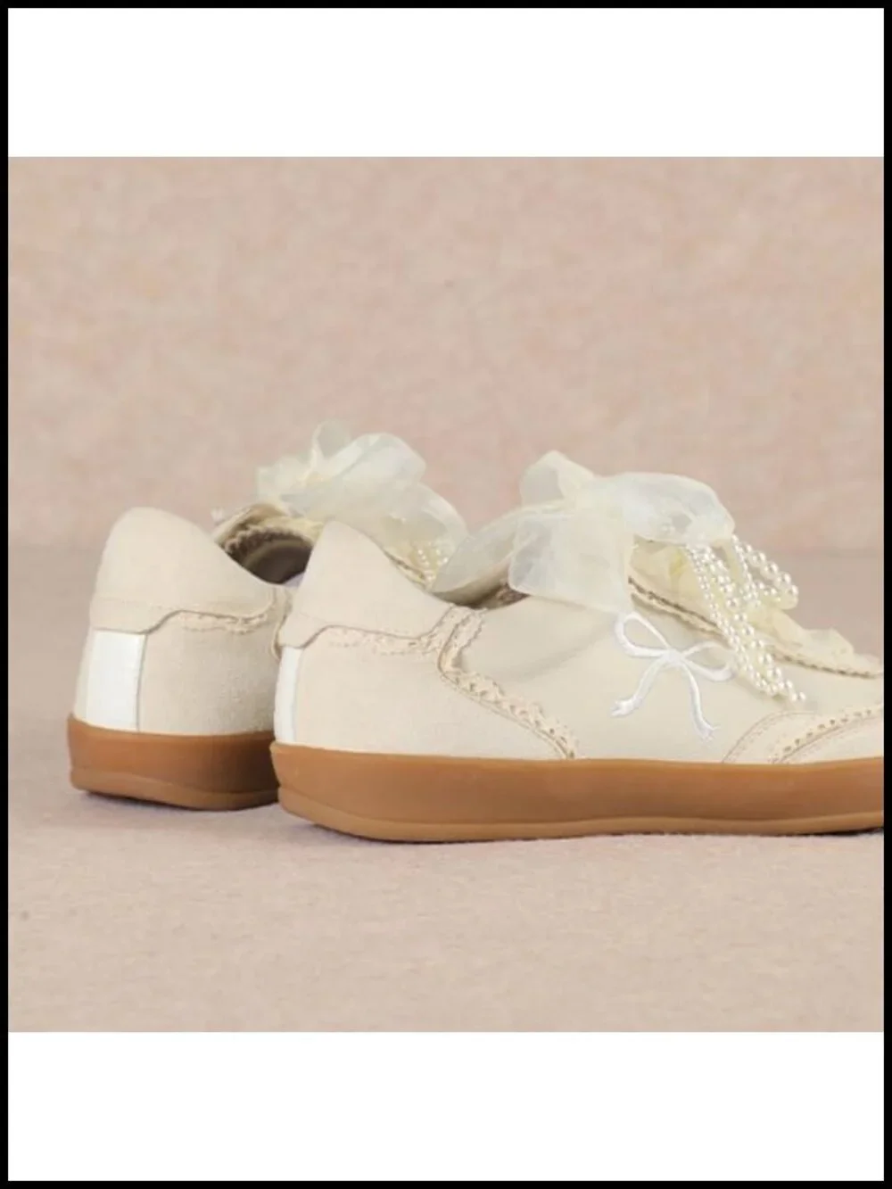 Vegan Leather Pearl Organza Ribbon Vintage Sneakers Low Top Lace-Up Fashion